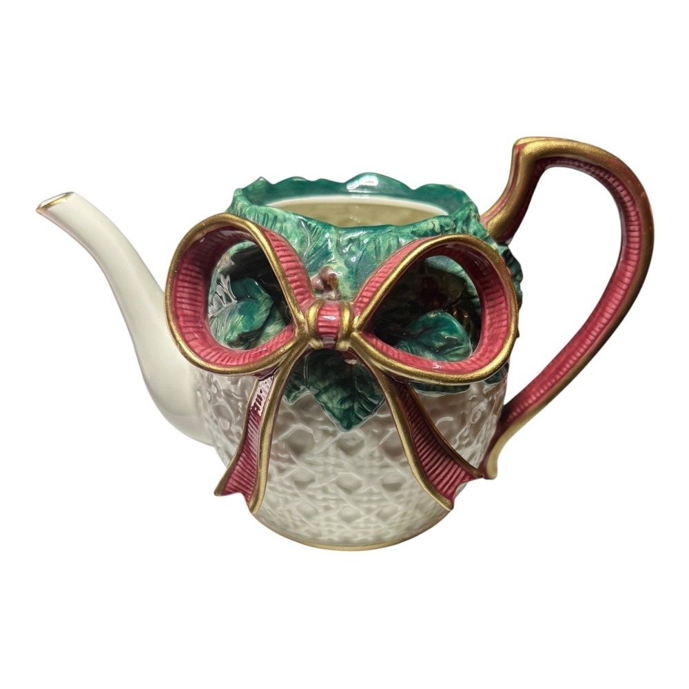 Fitz and Floyd 1994 Christmas Holly Bow Teapot Base Only Vintage Ceramic Decor